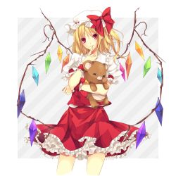 Rule 34 | 1girl, bad id, bad pixiv id, blonde hair, bow, crystal, female focus, finger to mouth, flandre scarlet, frilled skirt, frills, hal hal, hat, highres, long hair, miniskirt, petticoat, red eyes, red skirt, side ponytail, skirt, skirt set, smile, solo, stuffed animal, stuffed toy, teddy bear, embodiment of scarlet devil, touhou, white background, wings, wrist cuffs