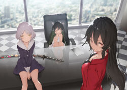 3girls bare_legs black_hair black_shirt bob_cut chair coat commentary_request desk double-parted_bangs dress fur_collar glass_wall green_eyes grey_hair hair_ribbon hand_on_own_cheek hand_on_own_face highres jacket jacket_on_shoulders katana long_hair looking_back mogumo multiple_girls office office_chair on_chair open_clothes open_jacket purple_coat red_eyes red_jacket ribbon shirt sitting standing swivel_chair sword tile_floor tiles tokoshie_bullet tokoshie_no._10 tokoshie_no._7 tokoshie_no._9 twintails v_arms weapon white_dress yellow_eyes