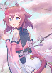 Rule 34 | 1girl, animal ears, bare shoulders, blue eyes, cherry blossoms, clothing cutout, commentary request, detached sleeves, dutch angle, ear covers, ear ornament, flipped hair, hair between eyes, hair flaps, harakomeshi, highres, horse ears, horse girl, horse tail, japanese clothes, kimono, long sleeves, obi, open mouth, pink kimono, pointing, purple hair, sakura chiyono o (umamusume), sash, short hair, skirt, smile, solo, tail, tail through clothes, umamusume, white skirt, wide sleeves