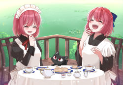 Rule 34 | 2girls, animal, apron, black bow, black cat, black dress, black kimono, blue bow, blush, bow, cat, chair, closed eyes, commentary request, cup, dress, food, grass, hair bow, half updo, highres, hisui (tsukihime), japanese clothes, juliet sleeves, kagetsu tooya, kimono, kohaku (tsukihime), laughing, len (tsukihime), long sleeves, maid, maid apron, maid headdress, mixed maids, multiple girls, neck ribbon, open mouth, puffy sleeves, red eyes, red hair, red ribbon, ribbon, short hair, siblings, sisters, sitting, sudou (s7 d8), table, teacup, teapot, tsukihime, twins, wa maid, white apron, wide sleeves