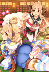 Rule 34 | 10s, 2girls, andira (granblue fantasy), anila (granblue fantasy), ass, barefoot, breasts, cleavage, dice, draph, erune, eyebrows, feet, granblue fantasy, highres, large breasts, looking at viewer, looking back, multiple girls, no shoes, sheep, smile, striped legwear, tetsubuta, thighhighs, toeless legwear, toes