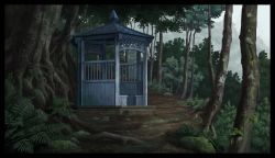 Rule 34 | birijian, black border, border, commentary request, day, forest, gazebo, grass, highres, nature, no humans, original, outdoors, rain, scenery, touhou, tree
