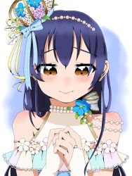Rule 34 | 1girl, aqua ribbon, artist name, artist request, bare shoulders, blue bow, blue dress, blue flower, blue hair, blush, bow, bracelet, breasts, brown eyes, cleavage, close-up, collarbone, crown, dress, dress bow, feathers, female focus, flower, flower dress, frilled dress, frills, gem, gloves, hair between eyes, highres, jewelry, long dress, long hair, looking at viewer, love live!, love live! school idol festival, love live! school idol project, mini crown, neck flower, necklace, parted lips, pearl (gemstone), pearl bracelet, pearl necklace, pink lips, plaid, plaid dress, pleated, pleated dress, ribbon, sleeveless, sleeveless dress, smile, solo, sonoda umi, striped, striped bow, upper body, white feathers, white wrist cuffs, wrist cuffs, yellow eyes