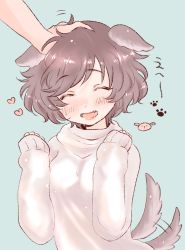 Rule 34 | 1girl, afterimage, akiyama yukari, animal ears, bad id, bad twitter id, blue background, blush, brown hair, closed eyes, commentary, dog ears, dog tail, fang, girls und panzer, headpat, heart, kemonomimi mode, long sleeves, messy hair, momochi (mmc cmm), motion lines, open mouth, out of frame, short hair, sleeves past wrists, smile, solo focus, sweater, tail, tail wagging, translated, white sweater