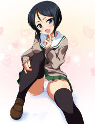Rule 34 | 10s, 1girl, :d, alternate costume, black eyes, black hair, black neckerchief, black thighhighs, brown footwear, brown sweater, cameltoe, chouno ami, crotch seam, finger to mouth, full body, girls und panzer, green skirt, heart, highres, hugging own legs, loafers, long sleeves, looking at viewer, miniskirt, neckerchief, ooarai school uniform, open mouth, ouhashi, panties, pleated skirt, school uniform, serafuku, shoes, short hair, sitting, skirt, smile, solo, sweater, swept bangs, thighhighs, underwear, white panties, winter uniform