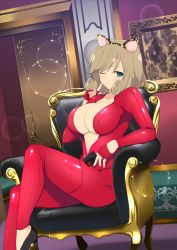Rule 34 | 1girl, animal ears, black footwear, blonde hair, bodysuit, breasts, card, cat ears, cat tail, chair, cleavage, collarbone, cosplay, crossover, fake animal ears, finger to mouth, fingerless gloves, gloves, green eyes, haruka (senran kagura), highres, holding, holding card, index finger raised, indoors, large breasts, latex, latex bodysuit, official art, on chair, one eye closed, red bodysuit, red gloves, senran kagura, senran kagura new link, shushing, sitting, skin tight, solo, tail, unzipped, yaegashi nan