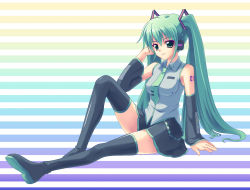 Rule 34 | 1girl, arm support, boots, breasts, detached sleeves, female focus, fujisaki miharu, fujisaki miharu (3275), full body, gradient background, green eyes, green hair, hatsune miku, highres, long hair, matching hair/eyes, necktie, sitting, skirt, solo, thigh boots, thighhighs, twintails, very long hair, vocaloid