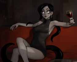 Rule 34 | 1girl, bare arms, bare legs, bare shoulders, black dress, black hair, black lips, black nails, breasts, colored sclera, colored skin, commentary, couch, cup, dress, drinking glass, earrings, english commentary, frown, grey sclera, grey skin, highres, holding, holding cup, indoors, jewelry, leech girl, leech queen (matilda fiship), crossed legs, long hair, looking at viewer, matilda fiship, medium breasts, monster girl, nail polish, no bra, original, sitting, sleeveless, sleeveless dress, solo, tentacle hair, v-shaped eyebrows, white eyes, wine glass