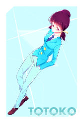 Rule 34 | 10s, 1girl, blue necktie, brown hair, character name, dutch angle, formal, hairband, hands in pockets, highres, looking up, low twintails, necktie, osomatsu-kun, osomatsu-san, osomatsu (series), pink eyes, short twintails, solo, suit, twintails, wang yu, yowai totoko