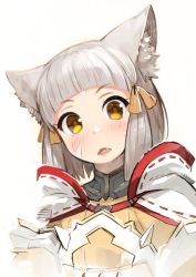 Rule 34 | 1girl, animal ears, blunt bangs, bodysuit, cat ears, facial mark, fangs, gloves, looking at viewer, nia (xenoblade), nintendo, open mouth, short hair, silver hair, simple background, smile, solo, xenoblade chronicles (series), xenoblade chronicles 2, yellow eyes, yunar