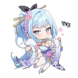 Rule 34 | 1girl, blue eyes, blue hair, breasts, chibi, freng, highres, japanese clothes, japanese text, kimono, korean text, large breasts, long hair, looking at viewer, original, solo, thighhighs, white background, white thighhighs