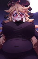Rule 34 | 1girl, @ @, absurdres, black headwear, blonde hair, blush, breasts, cosplay, covered erect nipples, covered navel, creatures (company), from below, game freak, hands on own cheeks, hands on own face, hex maniac (pokemon), hex maniac (pokemon) (cosplay), highres, junko (touhou), large breasts, littlecloudie, long hair, looking at viewer, nintendo, open mouth, plump, pokemon, red eyes, smile, solo, touhou