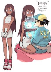 Rule 34 | 1boy, 1girl, :&lt;, absurdres, android, blush, brown hair, colo (nagrolaz), commentary, computer, crop top, dark-skinned female, dark skin, english commentary, expressionless, flat chest, full body, girl on top, gloves, halterneck, halterneck, highres, joints, laptop, long hair, long legs, miniskirt, no navel, original, personification, purple eyes, red footwear, robot joints, shoes, skirt, sneakers, straddling, straight hair, too literal, touchscreen, upright straddle, white gloves, white skirt