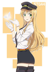 Rule 34 | belt, black necktie, blonde hair, boots, bug, butterfly, character name, commentary, girls&#039; frontline, gloves, green eyes, hat, highres, insect, korean commentary, long hair, long sleeves, looking at viewer, looking back, necktie, open mouth, shirt, sidarim, simple background, skirt, smile, stg44 (girls&#039; frontline), thigh boots, thighhighs, white background, white gloves, white shirt