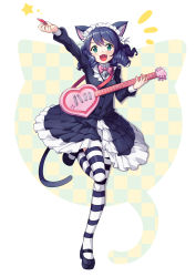 Rule 34 | 10s, 1girl, :d, animal ears, arm up, bell, black dress, black hair, bow, bowtie, cat ears, cat tail, cyan (show by rock!!), dress, drill hair, fang, full body, green eyes, highres, holding, holding instrument, instrument, leg up, long hair, looking at viewer, maid, maid headdress, mary janes, open mouth, pink bow, saiste, shoes, show by rock!!, smile, solo, standing, strawberry heart (show by rock!!), striped clothes, striped thighhighs, tail, thighhighs