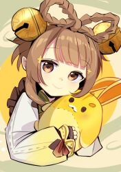 Rule 34 | 1girl, 1other, animal, animal ears, bell, black eyes, blush, bow-shaped hair, brown eyes, brown hair, brown ribbon, closed mouth, cross hair ornament, dress, genshin impact, green background, green vest, grey dress, hair bell, hair ornament, hands up, harakune (mugennero), holding, holding animal, hug, long sleeves, looking at another, looking at viewer, looking to the side, looking up, mandarin collar, multicolored background, puffy long sleeves, puffy sleeves, rabbit, rabbit ears, ribbon, short hair, smile, upper body, v-shaped eyebrows, vest, yaoyao (genshin impact), yellow background, yellow fur, yuegui (genshin impact)