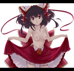 Rule 34 | 1girl, bow, breasts, brown eyes, brown hair, clothes lift, collarbone, colorized, dress, female focus, gustav (telomere na), hair bow, hakurei reimu, navel, nipples, skirt, skirt lift, solo, topless, touhou, white background
