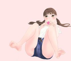Rule 34 | 1girl, barefoot, blush, brown eyes, brown hair, condom, condom wrapper, feet, highres, holding, holding condom, long hair, looking away, open clothes, open shorts, shorts, soles, toes, twintails