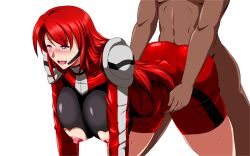 Rule 34 | 1boy, 1girl, all fours, blush, breasts, dark-skinned male, dark skin, doggystyle, game cg, gaptax, hanging breasts, large breasts, long hair, nipple cutout, nipples, red hair, sex, sex from behind, uncensored