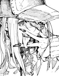 1girl baseball_cap chainsaw_man cross-shaped_pupils crosshatching fingernails hair_over_one_eye hat hatching_(texture) henriiku_(ahemaru) highres long_fingernails looking_at_viewer monochrome nail_polish power_(chainsaw_man) sharp_teeth solo solo_focus sweater symbol-shaped_pupils teeth tongue tongue_between_fingers tongue_out