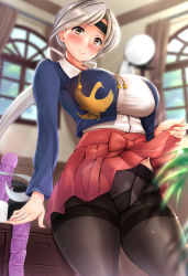 Rule 34 | 1girl, arm at side, black pantyhose, blue jacket, blurry, blurry background, blush, breasts, brown eyes, chitose (kancolle), closed mouth, clothes lift, collared shirt, commentary request, condom, condom packet strip, condom wrapper, cropped jacket, curtains, day, dildo, flashing, grey hair, gusset, hakama, hakama skirt, headband, highres, indoors, jacket, japanese clothes, kantai collection, large breasts, lifted by self, long hair, long sleeves, looking at viewer, panties, panties under pantyhose, pantyhose, parted bangs, ponytail, red hakama, red skirt, sex toy, shirt, sidelocks, siki2046, skirt, skirt lift, smile, solo, standing, table, tassel, thighband pantyhose, underwear, upskirt, very long hair, white panties, white shirt, window