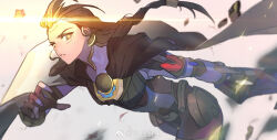 Rule 34 | 1girl, black cape, braid, brown hair, cape, chinese commentary, circle, collared leotard, commentary request, cowboy shot, debris, earrings, eyelashes, eyeshadow, fingerless gloves, fingernails, floating cape, floating hair, gloves, glowing, gold earrings, high collar, highres, illari (overwatch), jewelry, leaning forward, leotard, light particles, long hair, looking at viewer, makeup, mechanical arms, mechanical legs, open mouth, overwatch, pink lips, red eyeshadow, red gloves, shaqiu shichen, single braid, single fingerless glove, single hair tube, single mechanical arm, solo, teeth, very long hair, weibo watermark, white background, white leotard, yellow eyes