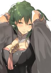 Rule 34 | 1girl, arms up, blush, breasts, byleth (female) (fire emblem), byleth (fire emblem), closed mouth, fire emblem, fire emblem: three houses, green eyes, green hair, heshiko fe, large breasts, medium hair, nintendo, simple background, solo, upper body, white background