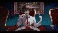 Rule 34 | absurdres, blood, blood on clothes, brown hair, chair, collared shirt, employee (project moon), fork, grin, hair between eyes, highres, holding, holding fork, holding utensil, indoors, jacket, knife, lobotomy corporation, necktie, open clothes, open jacket, open mouth, plate, pollity, project moon, red eyes, red necktie, shirt, short hair, sitting, smile, solo, suit jacket, symbol-only commentary, table, utensil, vest, white jacket, white shirt, yellow vest