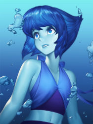 Rule 34 | 1girl, bare shoulders, bling (wnsdud34), blue eyes, blue hair, blue lips, blue skin, blue theme, colored skin, lapis lazuli (steven universe), looking up, midriff, navel, parted lips, short hair, solo, steven universe, underwater