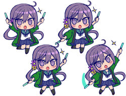 Rule 34 | 1girl, akebono (kancolle), bell, black socks, blue sailor collar, blue skirt, chibi, commentary request, flower, hair bell, hair flower, hair ornament, happi, izumi shara, japanese clothes, jingle bell, kantai collection, kneehighs, light stick, long hair, multiple views, open mouth, outstretched arms, pleated skirt, purple eyes, purple hair, sailor collar, school uniform, serafuku, side ponytail, simple background, skirt, socks, standing, very long hair, white background
