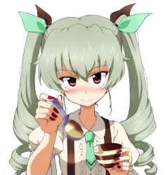 Rule 34 | 1girl, anchovy (girls und panzer), black ribbon, blurry, blurry foreground, blush, center frills, closed mouth, collared shirt, depth of field, drill hair, feeding, food, frills, girls und panzer, green hair, green neckwear, green ribbon, hair ribbon, holding, holding spoon, kayabakoro, long hair, looking at viewer, nail polish, pov, pudding, red eyes, red nails, ribbon, shirt, short hair, simple background, skirt, solo, spoon, suspender skirt, suspenders, sweatdrop, twin drills, twintails, upper body, white background