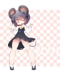 Rule 34 | 1girl, animal ear fluff, animal ears, character name, commentary, cookie (touhou), dress, fang, full body, grey hair, highres, jewelry, master nabesama, mouse ears, mouse tail, nazrin, necklace, nyon (cookie), panties, pantyshot, patterned background, red eyes, solo, standing, striped clothes, striped panties, tail, touhou, underwear