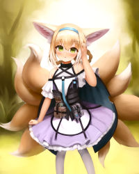 Rule 34 | 1girl, animal ears, arknights, blonde hair, blue hairband, blush, braid, braided hair rings, closed mouth, commentary, crumbles, dress, english commentary, fox ears, fox tail, green eyes, hair between eyes, hair rings, hairband, hand up, highres, looking at viewer, multiple tails, off-shoulder dress, off shoulder, outdoors, pantyhose, pouch, purple dress, short sleeves, solo, standing, suzuran (arknights), tail, twin braids, white pantyhose
