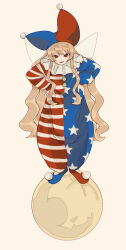 Rule 34 | 1girl, absurdres, american flag, american flag legwear, aru (pixiv 86071824), balancing, buttons, closed mouth, clownpiece, frilled shirt collar, frills, full body, full moon, hand on own hip, hat, highres, jester, jester cap, long hair, looking at viewer, moon, pom pom (clothes), puffy pants, red eyes, sidelocks, simple background, solo, standing, star (symbol), touhou, yellow background