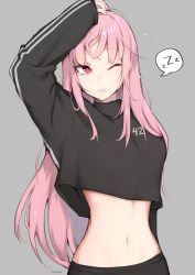 Rule 34 | 1girl, adidas, alternate costume, arm up, black shirt, breasts, bright pupils, clenched teeth, crop top, crop top overhang, grey background, hand on own head, highres, hololive, hololive english, long hair, long sleeves, looking to the side, medium breasts, midriff, milka (milk4ppl), mori calliope, narrow waist, navel, numbered, one eye closed, open mouth, pink eyes, shirt, simple background, sleepy, sleeves past wrists, solo, speech bubble, spoken zzz, stomach, teeth, tsurime, upper body, very long hair, virtual youtuber, zzz