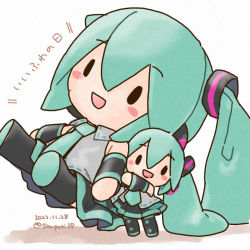 Rule 34 | 2girls, :d, aqua hair, aqua necktie, bare shoulders, black sleeves, black thighhighs, blush stickers, character doll, commentary, date pun, dated, detached sleeves, doll, grey shirt, hair ornament, hatsune miku, headphones, holding, holding doll, lifting person, long hair, looking at viewer, multiple girls, necktie, number pun, open mouth, sanpati, shirt, sitting, sleeveless, sleeveless shirt, smile, solid oval eyes, thighhighs, translated, twintails, twitter username, very long hair, vocaloid