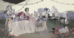 Rule 34 | 6+girls, animal ear fluff, animal ears, bare legs, black choker, blue eyes, blue flower, blue hair, blunt bangs, bob cut, braid, braided ponytail, cake, cat girl, chair, cherry, chino (valis), choker, closed eyes, closed mouth, collared shirt, cup, english text, expressionless, flower, food, footwear request, frilled skirt, frills, fruit, grass, green eyes, green hair, green skirt, hat, head rest, highres, light blue hair, looking at viewer, looking to the side, medium hair, multiple girls, myu (valis), neffy (valis), nekosuke (oxo), nina (valis), orange flower, outdoors, party hat, personification, ponytail, puffy short sleeves, puffy sleeves, purple flower, purple hair, rara (valis), red eyes, red hair, red skirt, shirt, short hair, short sleeves, sitting, skirt, standing, stuffed animal, stuffed cat, stuffed toy, table, tea party, teacup, teapot, tulip, twintails, valis (sinsekai), vase, vitte (valis), wavy hair, white hair, white shirt, white skirt, yellow eyes, yellow skirt