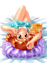Rule 34 | 1girl, bed, brown eyes, brown hair, cat, dress, frilled pillow, frills, legs, looking at viewer, lying, on back, original, pillow, solo, upside-down, zan