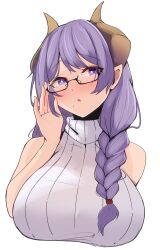 Rule 34 | 1girl, absurdres, adjusting eyewear, bespectacled, black-framed eyewear, blush, braid, breasts, brown horns, commentary request, demon girl, demon horns, glasses, grey sweater, highres, horns, large breasts, long hair, looking at viewer, maruneco, medium bangs, mole, mole under mouth, nanashi inc., open mouth, purple eyes, purple hair, saionji mary, side braid, simple background, single braid, sleeveless, sleeveless turtleneck, solo, sweater, turtleneck, turtleneck sweater, upper body, virtual youtuber, white background
