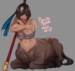 Rule 34 | 1girl, 2020, agawa ryou, artist name, bare shoulders, brown hair, centaur, commentary, dark skin, dark-skinned female, dated, grey background, hair over eyes, lips, looking at viewer, monster girl, muscular, navel, original, polearm, shor, signature, simple background, sitting, solo, spear, strapless, taur, tube top, weapon