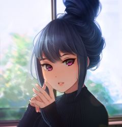 Rule 34 | 1girl, blue hair, commentary, english commentary, hair bun, hanr10, highres, lips, looking at viewer, own hands together, parted lips, portrait, purple eyes, shima rin, single hair bun, sleeves past wrists, solo, sweater, upper body, yurucamp