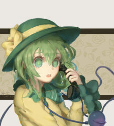 Rule 34 | 1girl, atianshi, bright pupils, buttons, chinese commentary, collared shirt, commentary request, dated, diamond button, frilled shirt collar, frilled sleeves, frills, green eyes, green hair, green hat, green pupils, hair between eyes, hat, hat ribbon, highres, holding, holding phone, komeiji koishi, long sleeves, medium hair, open mouth, phone, ribbon, shirt, solo, third eye, touhou, yellow ribbon, yellow shirt