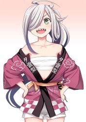 Rule 34 | 1girl, ahoge, asashimo (kancolle), cowboy shot, gradient background, grey eyes, hair over one eye, hand fan, hands on own hips, happi, japanese clothes, kantai collection, kumadano, long hair, looking at viewer, open mouth, pink background, ponytail, sharp teeth, shorts, silver hair, solo, teeth, white background, white shorts