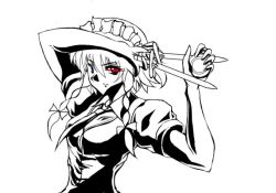 Rule 34 | 1girl, between fingers, embodiment of scarlet devil, female focus, greyscale, holding, izayoi sakuya, knife, maid, monochrome, neues, red eyes, ribbon, short hair, simple background, solo, throwing knife, touhou, weapon, white background