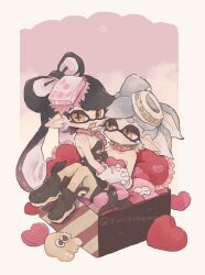 Rule 34 | 2girls, bare shoulders, black bow, black hair, black leotard, bow, callie (splatoon), closed mouth, commentary, cross-shaped pupils, earrings, expressionless, fang, full body, gloves, grey gloves, grey hair, hair bow, hair ornament, heart, highres, holding hands, inkling, interlocked fingers, jewelry, leotard, long hair, looking at another, looking at viewer, marie (splatoon), multicolored hair, multiple girls, nintendo, no nose, open mouth, orange eyes, pastel colors, pink bow, pink hair, pink leotard, pointy ears, short hair, smile, splatoon (series), symbol-only commentary, symbol-shaped pupils, twitter username, watermark, yuritokemo