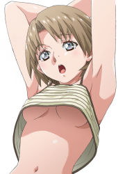 Rule 34 | 1girl, :o, amano yo-ki, armpits, arms behind head, breasts, camisole, covered erect nipples, crop top, crop top overhang, grey eyes, light brown hair, medium breasts, midriff, navel, no bra, open mouth, original, shirt, simple background, solo, striped clothes, striped shirt, underboob, upper body, upshirt, white background