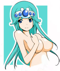 Rule 34 | 1girl, blue eyes, breasts, censored, convenient censoring, female focus, green hair, long hair, nude, papico, princess melora, sidelocks, smile, solo, tiara, twinbee, white background