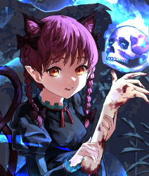 Rule 34 | 1girl, absurdres, animal ears, azov, blood, bow, braid, cat ears, cat tail, disembodied limb, dress, extra ears, eyebrows hidden by hair, guro, hair bow, highres, hitodama, kaenbyou rin, long sleeves, looking at viewer, multiple tails, nekomata, red eyes, red hair, skull, solo, tail, teeth, touhou, twin braids