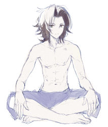 Rule 34 | 10s, 1boy, barefoot, black hair, blue eyes, doodle, full body, granblue fantasy, indian style, lancelot (granblue fantasy), long hair, male focus, naedoko, parted lips, topless male, shorts, simple background, sitting, smile, solo, towel, white background