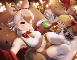Rule 34 | 1girl, animal ears, armpits, bare shoulders, beleven, blonde hair, bow, bowtie, christmas, christmas present, coyopotato, coyote (kemono friends), cup, extra ears, food, gift, gloves, hat, highres, kemono friends, kemono friends v project, leo kliesen, looking at viewer, navel, one eye closed, santa hat, short hair, shorts, sleeveless, stuffed toy, sweets, tail, tank top, tekken, thighhighs, virtual youtuber, wolf ears, wolf girl, wolf tail, yellow eyes